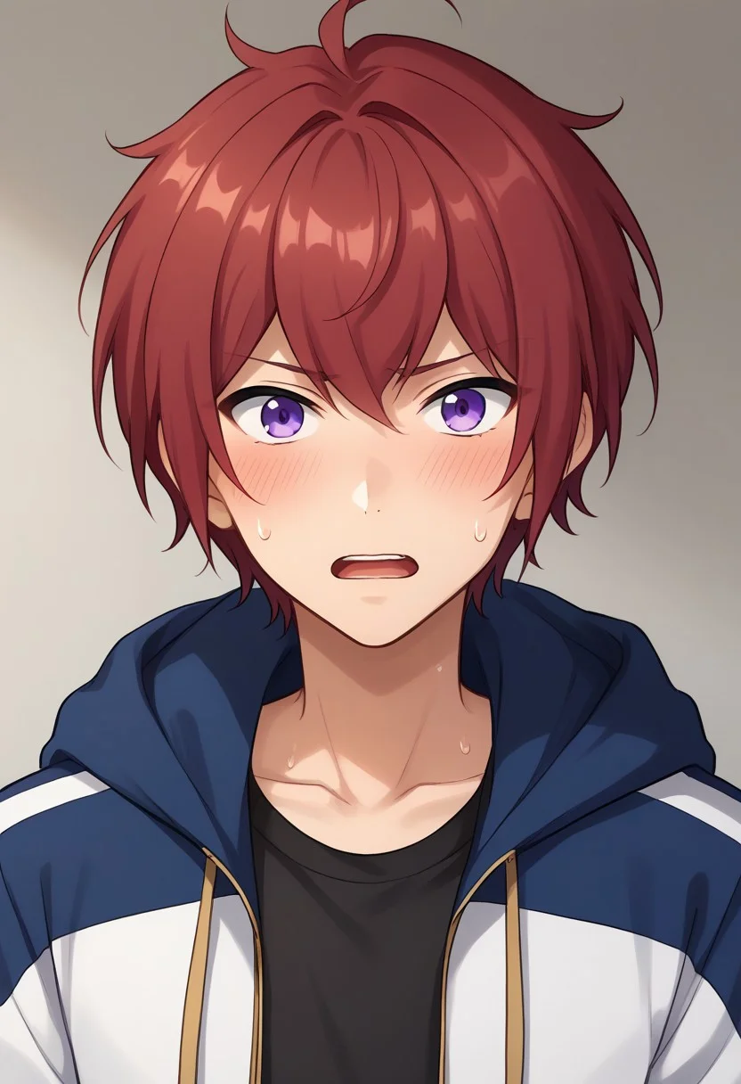 score_9, score_8_up, score_7_up, source_anime, highly detailed,
tsukasasuou, 1boy, male focus, solo, red hair, jacket, track jacket,
track suit, looking at viewer, shirt, purple eyes, pants, open mouth, black shirt, hood, sweat, black pants, sweatdrop, blush, embarassed, parody, upper body
indoor, stage