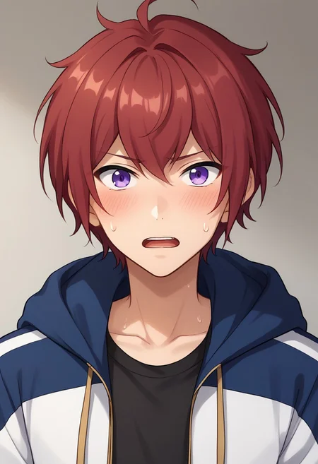 score_9, score_8_up, score_7_up, source_anime, highly detailed,
tsukasasuou, 1boy, male focus, solo, red hair, jacket, track jacket,
track suit, looking at viewer, shirt, purple eyes, pants, open mouth, black shirt, hood, sweat, black pants, sweatdrop, blush, embarassed, parody, upper body
indoor, stage