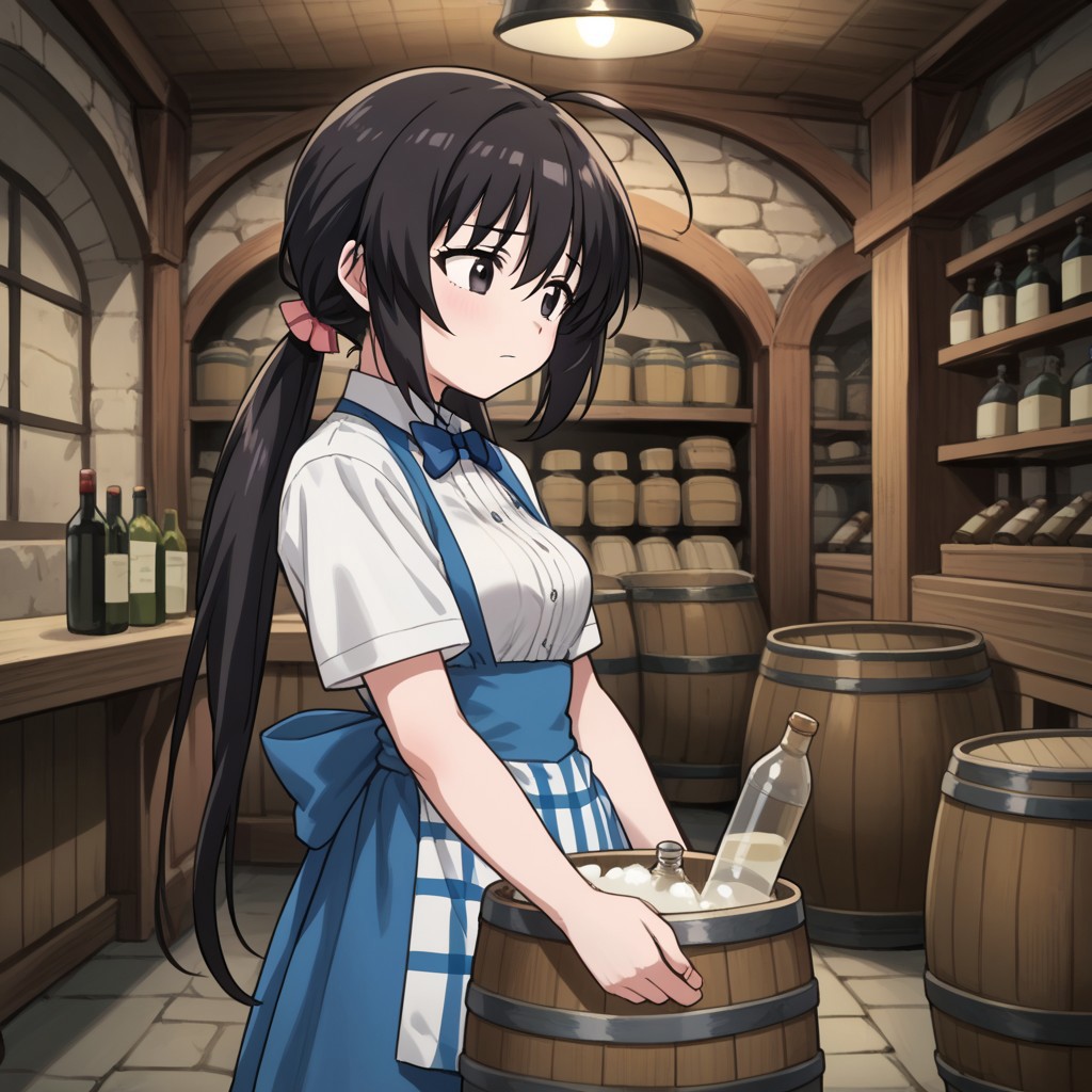 score_9, score_8_up, score_7_up, source_anime, 2D, anime_screencap, 1girl, solo, sakuragihiyorivgrebirth, black hair, long hair, low twintails, ahoge, black eyes, waitress, indoors, c3llar, indoors, barrel, cellar, holding, bottle