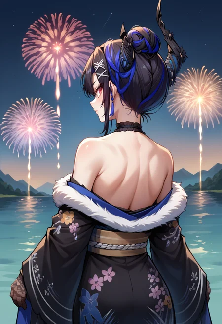score_9, score_8_up, score_7_up, source_anime, 1girl, solo, NerissaNewYears, streaked hair, black hair, blue hair, red eyes, slit pupils, uneven horns, hair bun, hair flowers, hairclip, tassel earrings, frilled choker, black kimono, feather-trimmed kimono, floral print, white fur scarf, black lace gloves, off shoulder, bare shoulders, fireworks, shoulder blades, <lora:ChamNerissaRavencroftPonyXLCame-000008:1>