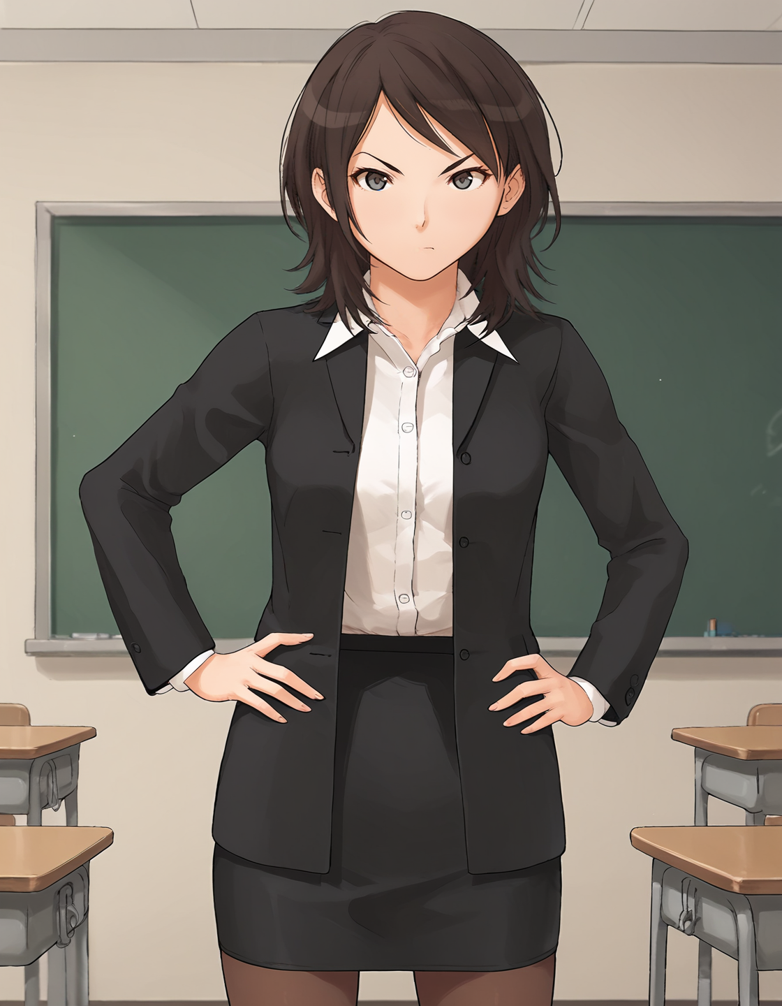 score_9, score_8_up, score_7_up, score_6_up, score_5_up, score_4_up, <lora:MayaT_T2V0:0.80>, <lora:sdxl_lightning_8step_lora:1>,
source_anime, 1girl, solo,
MayaT_T2V0, brown hair, medium hair, swept bangs, grey eyes, medium breasts,
black jacket, open jacket, white shirt, dress shirt, wing collar, 
black skirt, pencil skirt, brown pantyhose, 
standing, hands on own hips, 
looking at viewer, frown, v-shaped eyebrows, 
indoors, classroom, cowboy shot,