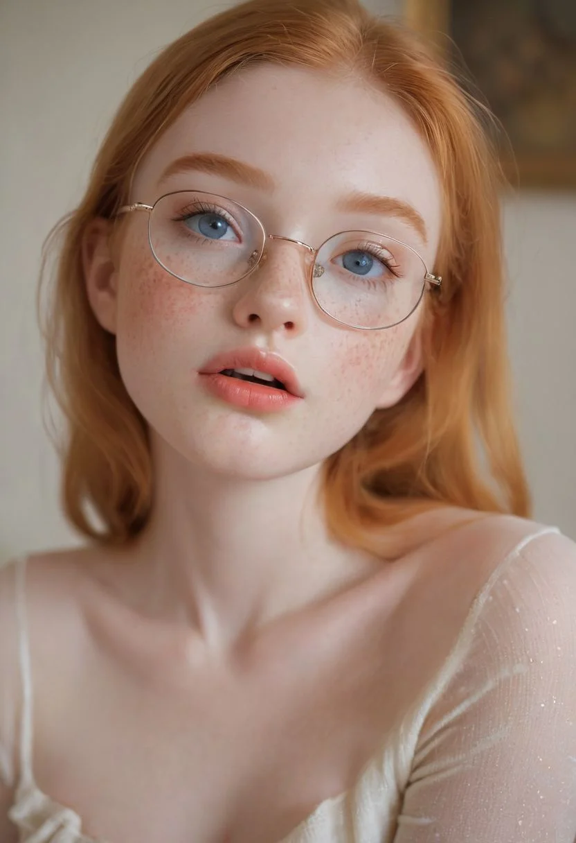 warm's eyes shot, Cinematic Hollywood Film style, ginger female supermodel, 18 years old girl, ashamed, big mouth, plump lips, extra shiny lips, long eyelashes, smile, textured pale skin, orange Brenden silver topknot hair, mouth wide-open, perfect teeth, white tigh high stockings, light freckles, flat chest, large nipples, short legs, thin legs, short torso, thin waist, tight off shoulders top, sensually dynamic pose, living room, perfect eyes, detailed irises and pupils, blue eyes, shot on Hasselblad X2D 100C,ISO 50, narrow shallow depth of field, bokeh, natural light form early spring at midday, sharp focus, realistic, high definition, Beautiful sun light filtering through the ends of the hair, long hair, ginger hair, glasses with transparent frame, long straight wavy hair, stockings, cute face, gorgeous, pretty face, pale skin, freckles, blond hair, blue eyes, full shiny lips, big lips, thick lips, parted lips, pink lipgloss, mascara, skinny thighs, petite body, young looking, skinny, ((large chest)), skinny, petite body(body heigth:140cm), big head, innocent look, young face, pink eye shadow, ashamed, blushing, saliva