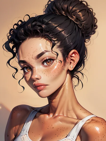 score_9, score_8_up, score_7_up, score_6_up, score_5_up, score_4_up, <lora:m1xd0llXLP2:0.7> curly hair, 1girl, m1xd0ll, black hair, hair bun, tan skin, freckles, brown eyes, portrait