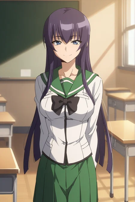 score_9, score_8_up, score_7_up, score_6_up, score_5_up, score_4_up, BREAK source_anime, 1girl, solo,
<lora:SaekoBusujimaXL-v2-06:0.7>, ChopioSaekoBusujima, purple hair, very long hair, shiny hair, blue eyes, looking at viewer,
medium breasts, mature female,
straight hair, side locks,
outfit_1, serafuku, green sailor collar, black bowtie, white shirt, long sleeves, green skirt, pleated skirt,
classroom, desk, standing, arms at sides, smile,