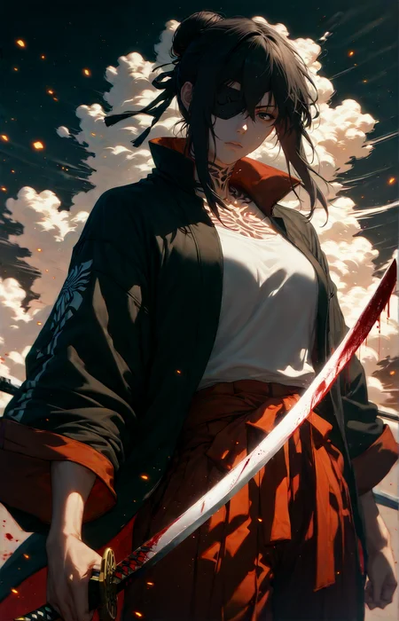 <lora:Expressive_H-000001>,<lora:modern_anime_screencap_v1_0:0.8>,source_anime,score_9,score_8_up,score_7_up,score_6_up,dark theme,low light,sidelighting,looking ahead,
1girl,solo,adult,tall female,black hair,single hair bun,long bangs,full bangs,hair between eyes,straight hair,black eyes,pale skin,toned,medium breasts,baggy pants,high collar,black jacket,blood splatter,holding sword,sheathed,scabbard,sword stance,fighting stance,expressionless,half-closed eyes,tattoo,neck tattoo,hakama,eyepatch,dust cloud,light particles,