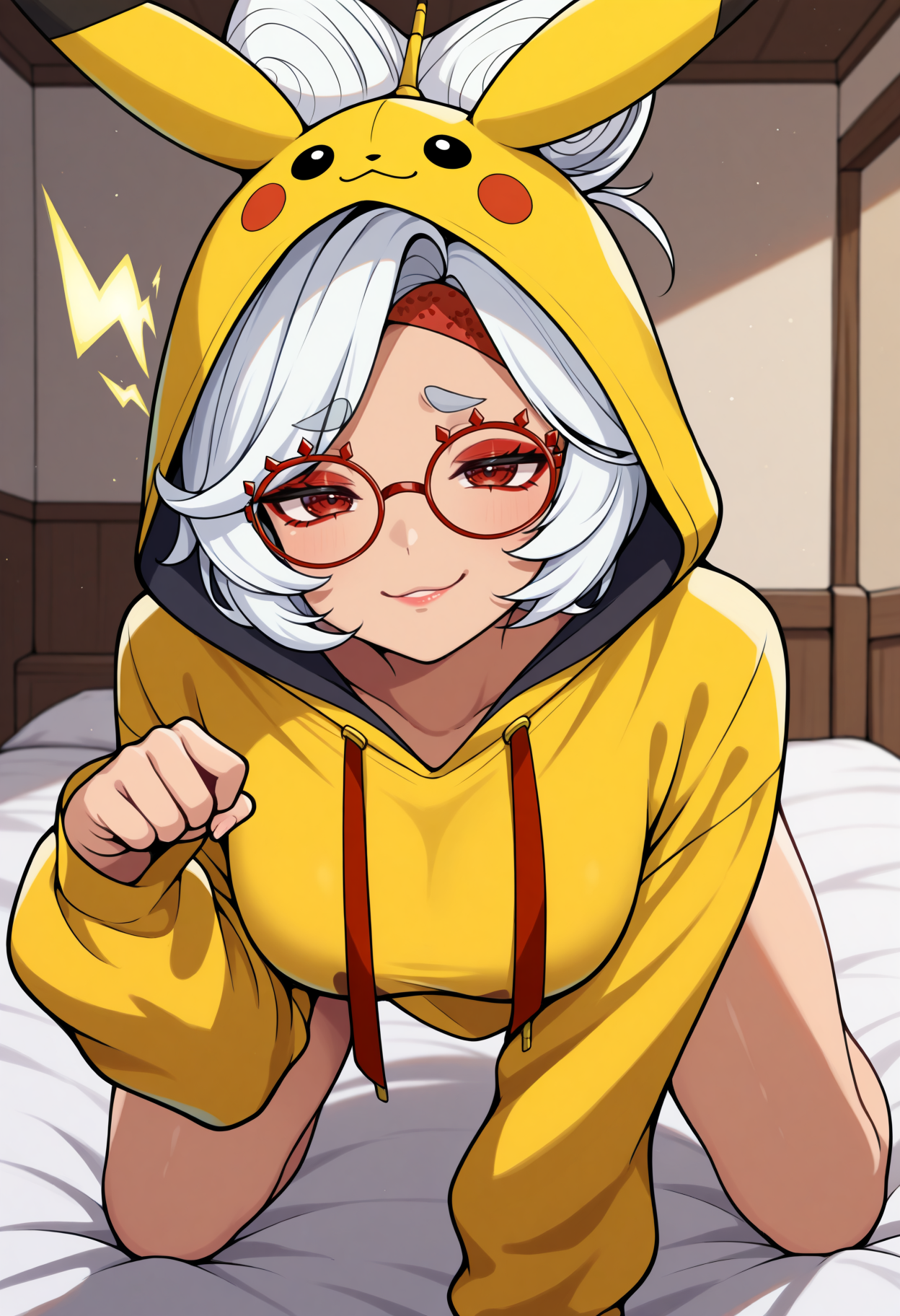 masterpiece, best quality, 1girl, (purah:0.7),white hair,red eyes,lips,red-framed glasses,smug, alternate costume, oversized pikachu hoodie, paw pose, electricity, indoors, bed, hood up, looking at viewer, all fours