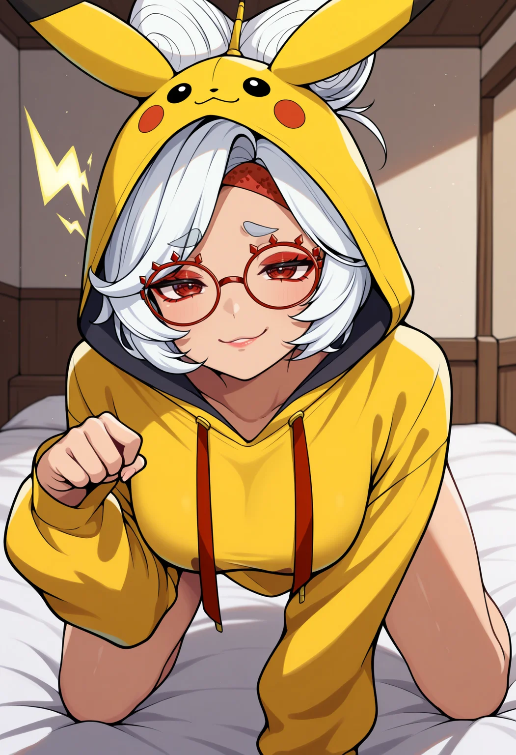 masterpiece, best quality, 1girl, (purah:0.7),white hair,red eyes,lips,red-framed glasses,smug, alternate costume, oversized pikachu hoodie, paw pose, electricity, indoors, bed, hood up, looking at viewer, all fours