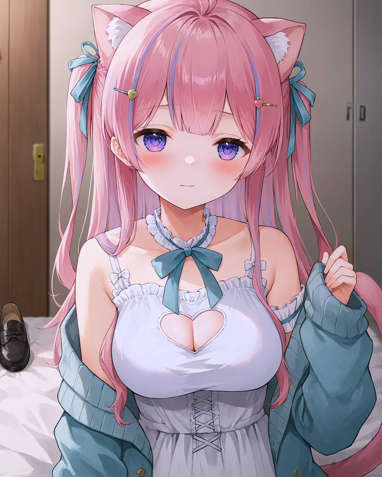 <lora:VTUBER_Itigori_XL:1.0>, itigorie ena, 1girl, purple eyes, pink hair, multicolored hair, streaked hair, ahoge, cat ears, animal ear fluff, cat girl, cat tail, bangs, hair ornament, hair ribbon, hairclip, two side up, long hair, bow, ribbon, blue ribbon, bridal garter, dress, white dress, frilled dress, sleeveless dress, clothing cutout, cleavage cutout, heart cutout, cleavage, medium breasts, frills, sleeveless, open clothes, shoes, socks, off shoulder, black footwear, solo, blush, long sleeves, jacket, cardigan, open clothes, bare shoulders, collarbone, upper body,, <lora:9_Detail_Tweaker_XL:0.8>, score_9, score_8_up, score_7_up, source_anime, masterpiece, best quality, highly detailed background, cinematic lighting, detailed eyes, perfect face,, lazy, teenager room, messy, bedroom, bed sheet, closet,