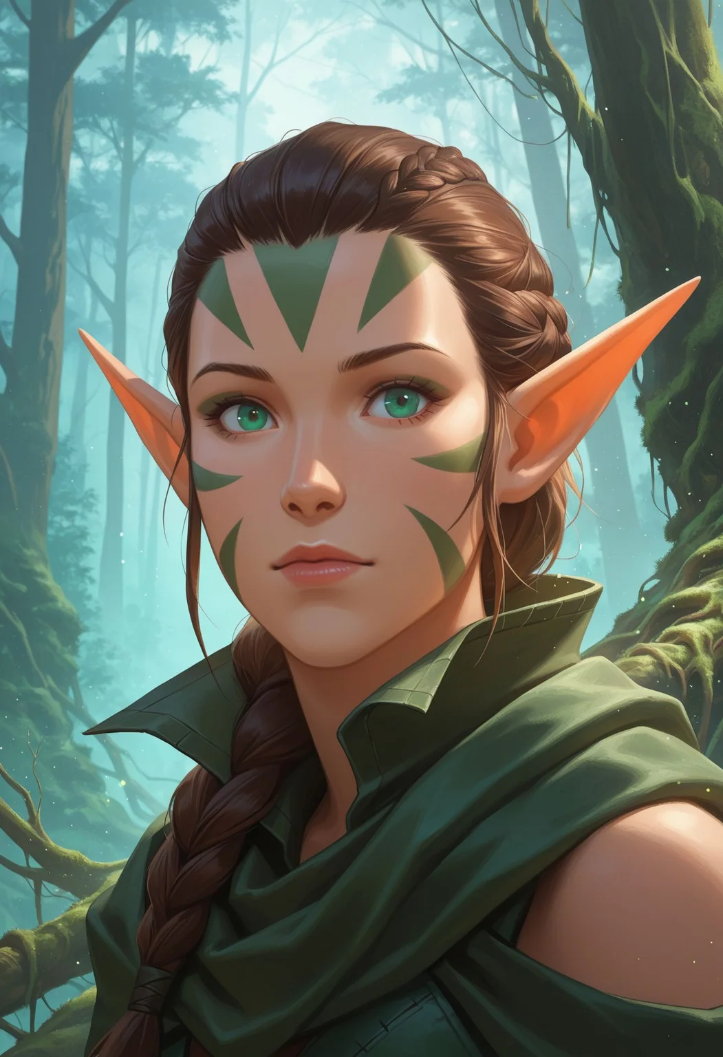 <lora:nissa_v1c_IL:1.0> nissa, portrait, 1girl, brown hair, braid, green eyes, pointy ears, facial mark, outdoors, forest, moss, roots, light particles, fog, source_cartoon, photoshop \(medium\)