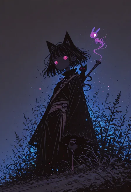 highres, very detailed, amazing quality, masterpiece,
very aesthetic, RBL-Illu, Flatline, Flat vector illustration,
particle effect, Cinematic, (dark space: 0.8), (flat lighting, flat color, flat design, no lineart:1),
1girl, soceress or witch, cat on her shoulder, mighty, ominous, imposing, confident