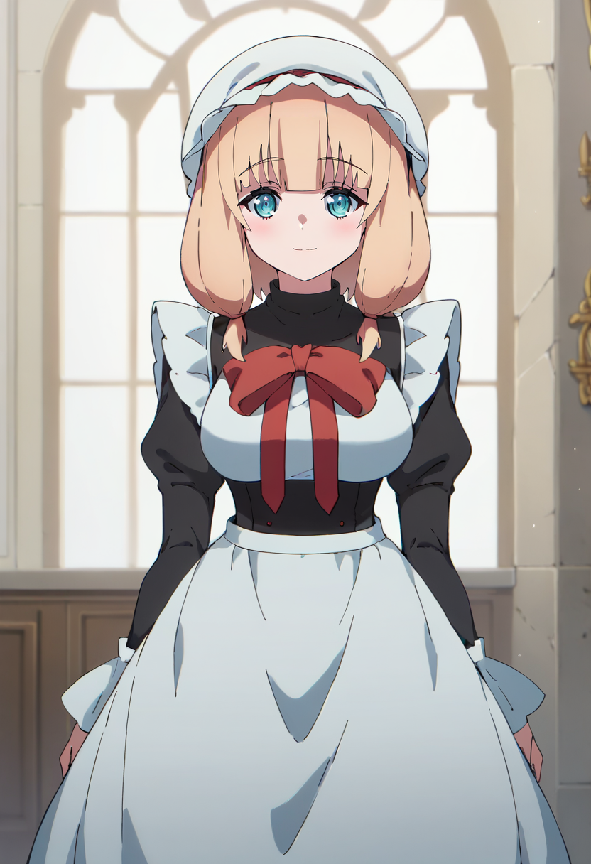 score_9, score_8_up,
<lora:MaougunSaikyou_SatieXL:1>, SatieMS,
1girl, solo, light smile, blush,
blonde hair, blue eyes, medium hair, low twintails, hair over shoulder,
maid, maid headdress, mob cap, maid apron, frills, red bow, juliet sleeves,
standing, looking at viewer, 
indoors, castle