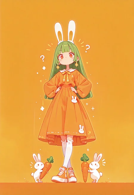 1girl, long hair, straight green hair, hime cut, orange dress, high-low skirt, white kneehighs, rabbit ear legwear, orange sneakers, standing, crossed legs, watson cross, hands on own hip, looking down at rabbit,?, animal, white rabbit, rabbit presenting carrot, notice lines, negative space, vivid colored, orange background, orange theme, no lineart, no outline, fine art, masterpiece, best quality, good quality, very awa, very aesthetic, absurdres, newest, haiz_ai, flatline,