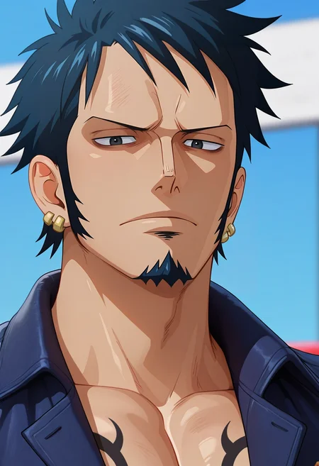 masterpiece, best quality, , (3d:0.4), looking at viewer, 1boy, solo, male focus, <lora:law_trafalgar_ilxl:0.98>, law_trafalgar, black hair, black eyes, short hair, facial hair, sideburns, long sideburns, goatee, , , post timeskip, , , taxi driver costume