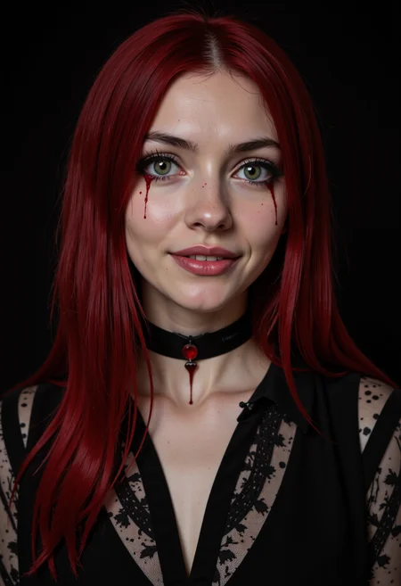 inred_style portrait of a young goth woman with long crimson hair and striking european features with subtle freckles that look like tiny splatters of blood. The image is asymmetrical and dynamic. She is wearing a lace-trimmed blouse and a choker with a cross-shaped ruby. Her beauty is hauntingly menacing and mysterious. Blood is on her mind. Her head is tilted to the side and the slight smile reveals her vampire fangs. Blood is dripping down her eyes like bleeding mascara <lora:flux\flux_inred_style_v1>
