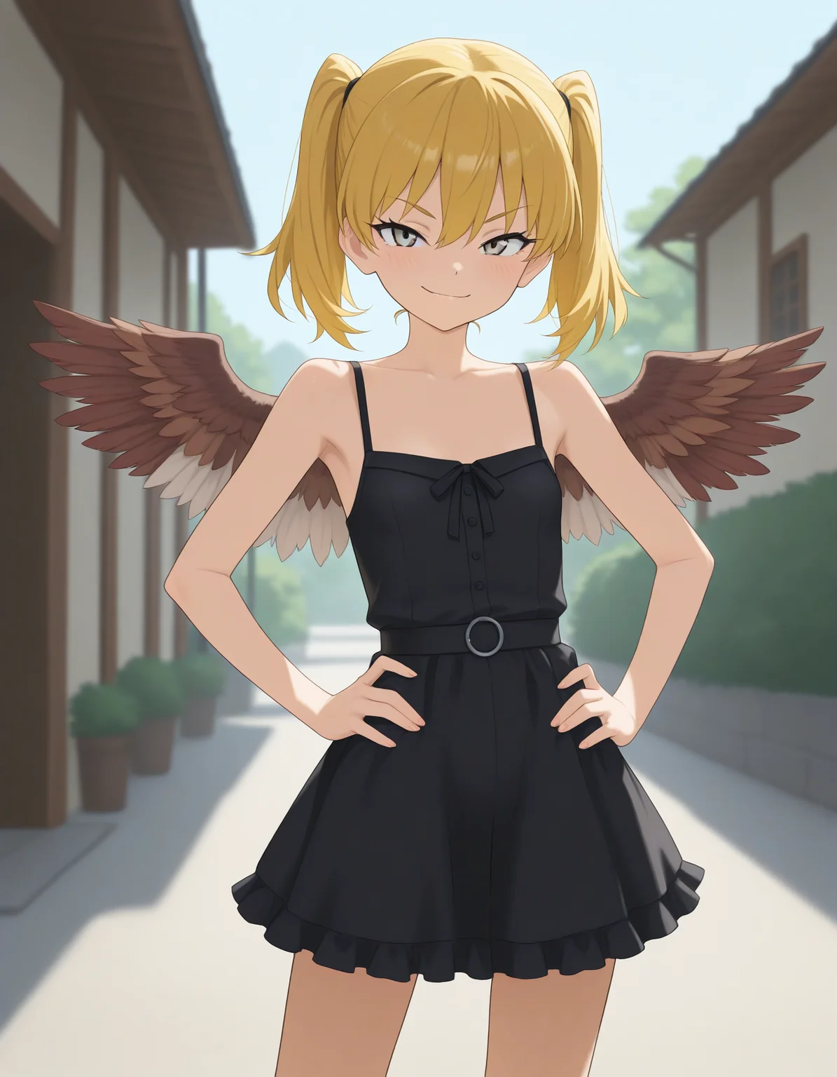 masterpiece, best quality, 1girl, takane-chan, twintails, black dress, frilled dress, hands on own hip, smirk, smug, outdoors
