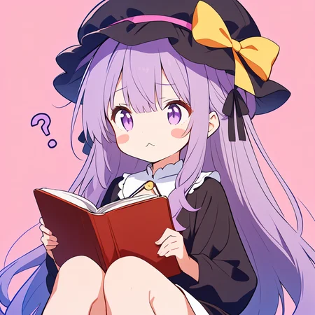 1girl,
solo, sitting, crossover, long hair, very long hair, blush stickers, reading, hair ribbon, open book, purple hair, color connection, :<, bow, simple background, hat, :3, ?, pokemon \(creature\), look-alike, holding, ribbon, trait connection, book, hat bow, mob cap, purple eyes, crescent, dress, pink background, holding book, hair bow,
masterpiece, best quality, safe
<lora:mki-ani31-TMND-v2-000050:1>