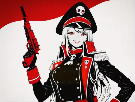 limited color palette,lineart,vector,white theme,red theme,1girl, solo, breasts, looking at viewer,(Marin Kitagawa:1.2),
edgCommissar, looking at viewer, gloves, long sleeves, closed mouth, jacket, belt, uniform, coat, black jacket, hand on hip, black headwear, smile, epaulettes, black coat ,wearing edgCommissar,skull emblem,millitary uniform,hat,teeth,handgun,holding weapon,
<lora:edgIllustriousXLCommissar-000004:1>
<lora:edgIllustriousXL_Flatstylelr:1>