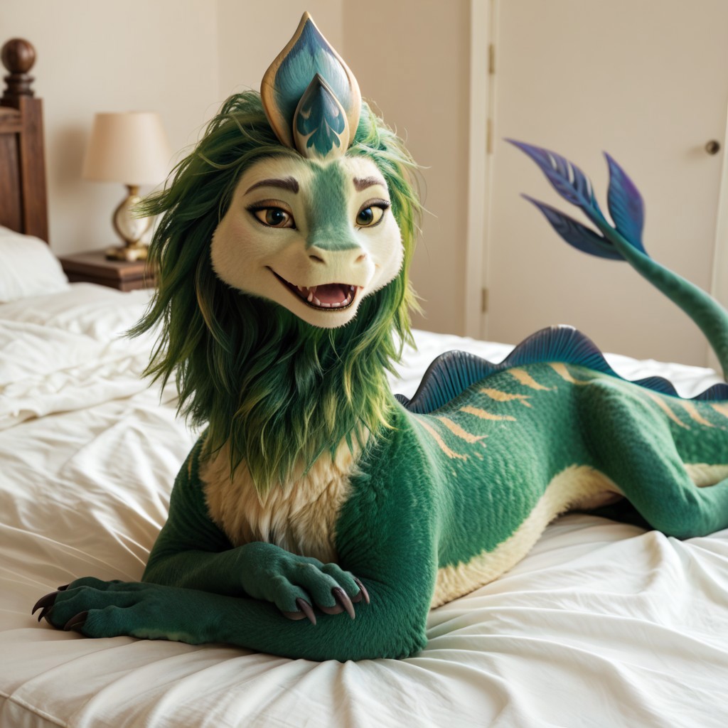 score_9, score_8_up, score_7_up, score_6_up, score_5_up, score_4_up, masterpiece, high quality, realistic, detailed, best quality, white bed, solo, rating_safe, source_furry, bedroom, smiling, open mouth smile, happy, detailed eyes, detailed face, looking at viewer, lying on belly, feral, pengu_ratld, eastern dragon, dragon, tail, claws, horn, green fur, green hair, back dorsal fins, long body, male, 1boy, feral
