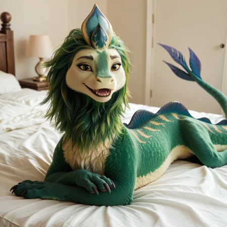 score_9, score_8_up, score_7_up, score_6_up, score_5_up, score_4_up, masterpiece, high quality, realistic, detailed, best quality, white bed, solo, rating_safe, source_furry, bedroom, smiling, open mouth smile, happy, detailed eyes, detailed face, looking at viewer, lying on belly, feral, pengu_ratld, eastern dragon, dragon, tail, claws, horn, green fur, green hair, back dorsal fins, long body, male, 1boy, feral