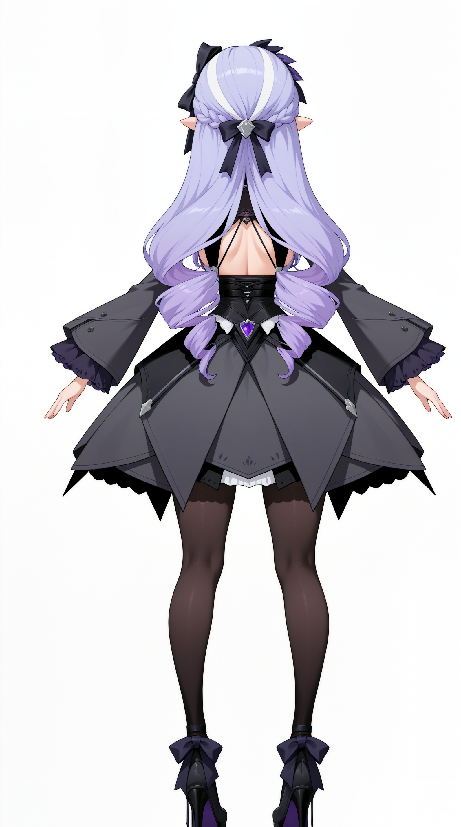 masterpiece, best quality, simple background, white background, amazing quality, very aesthetic, absurdres, best quality, 4k, upscale,    Vivian_zzz, 1girl, long hair, black pantyhose, black dress, drill hair, purple hair, full body, long sleeves, multicolored hair, high heels, back, pointy ears, french braid, from behind, streaked hair, facing away, black bow, hair bow, ribbon  <lora:Vivian_ZZZILLUS:1>