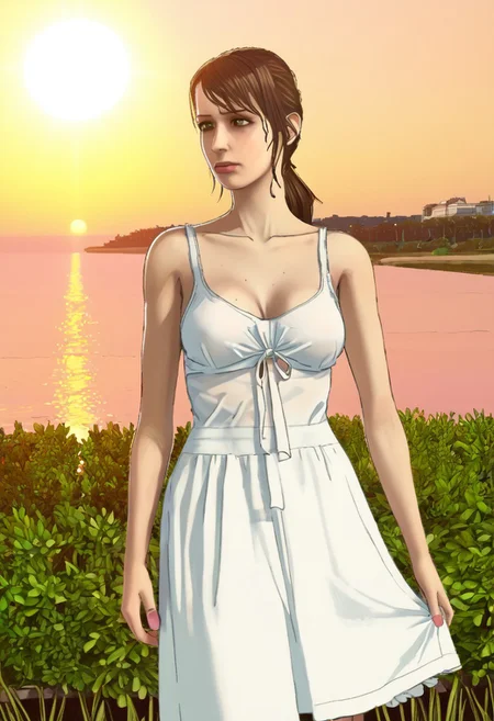 Highest quality, masterpiece, average looks,non_anime eyes, Outside, in a sun-drenched garden,quiet_mgsv, ((sundress))