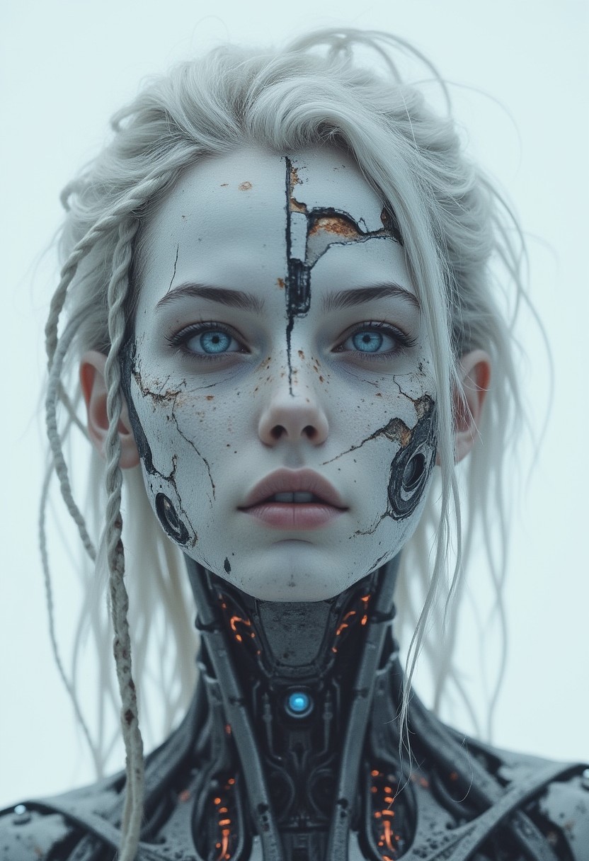 A cybernetically enhanced human head and neck. The subject is a young woman with a pale, ghostly complexion. This is a highly detailed, hyper-realistic photo of a futuristic, mechanical appearance, with large sections missing or severely damaged. her skin is a silver rusty metallic, almost translucent but weathered alloy, giving an eerie, expressionless visage with piercing, glowing blue eyes that emit an unsettling, cold light. Long tousled white braid, The design is predominantly white with intricate, high-tech implants seamlessly integrated into her flesh. her eyes, glowing intensely, give the figure a haunting presence. monochrome with color photo in a cyberpunk style, features a close-up of a futuristic figure, blending organic and machine elements with a minimalistic yet powerful visual impact.