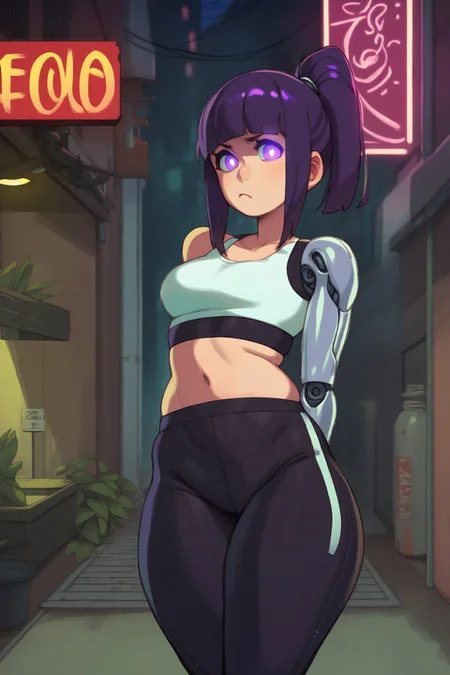 score_9, score_8_up, score_7_up, score_6_up, score_5_up, score_4_up, source_anime, outside, city, neon sign, cyberpunk, night, alley, purple eyes, blunt bangs, frown, glowing eyes, looking at viewer, solo, female, purple hair, dark hair, short hair, ponytail, thick thighs, wide hips, black yoga pants, white sports bra, cybernetic arm, standing