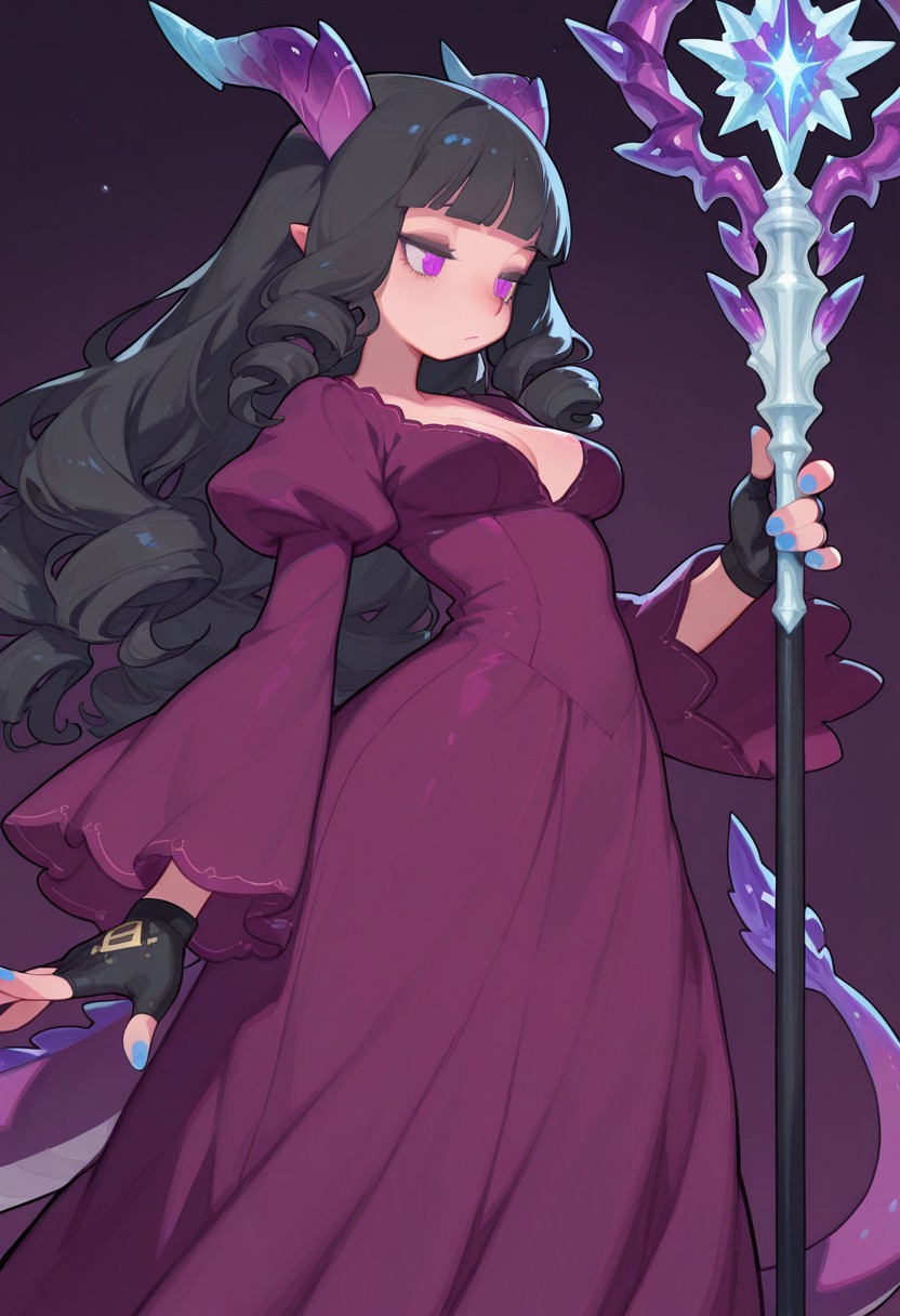 F3n6l1, masterpiece, very aesthetic, absurdres, (solo:1.5),
(dragonkin:1.5), 1girl, expressive eyes, feminine eyes, beautiful detailed eyes:1, perfect face, purple eyes, dragon ears, dragon tail, dragon horns, (black hair:1.5), (long hair), (blunt bangs), (drill curl hair), medium breasts, (purple dragonkin mage dress:1.5), (fingerless gloves:1.5), blue nails, mage staff, using magical ice spell,