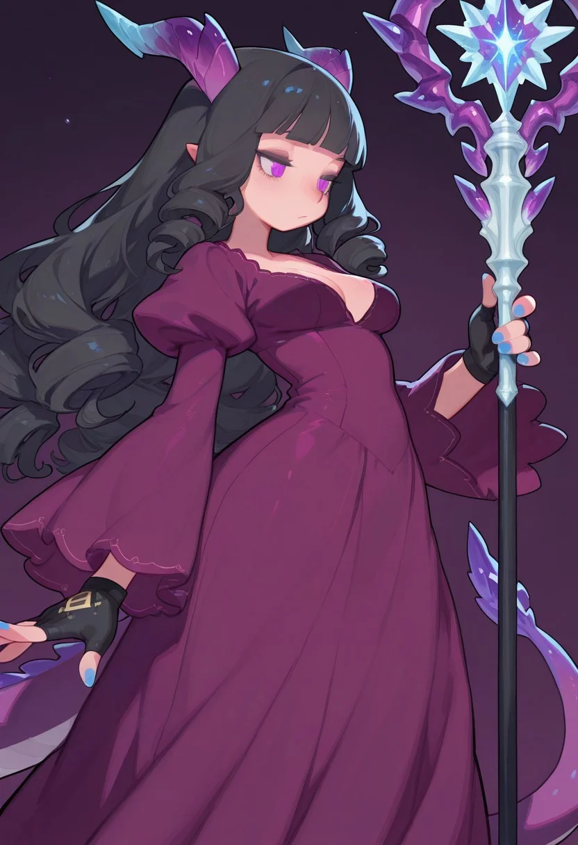 F3n6l1, masterpiece, very aesthetic, absurdres, (solo:1.5),
(dragonkin:1.5), 1girl, expressive eyes, feminine eyes, beautiful detailed eyes:1, perfect face, purple eyes, dragon ears, dragon tail, dragon horns, (black hair:1.5), (long hair), (blunt bangs), (drill curl hair), medium breasts, (purple dragonkin mage dress:1.5), (fingerless gloves:1.5), blue nails, mage staff, using magical ice spell,