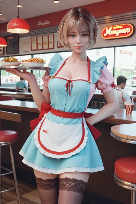 <lora:doa_meg:0.9> meg, apron, diner, waitress, thighhighs, frilly, sexy, score_9, score_8_up, score_7_up, zPDXL3