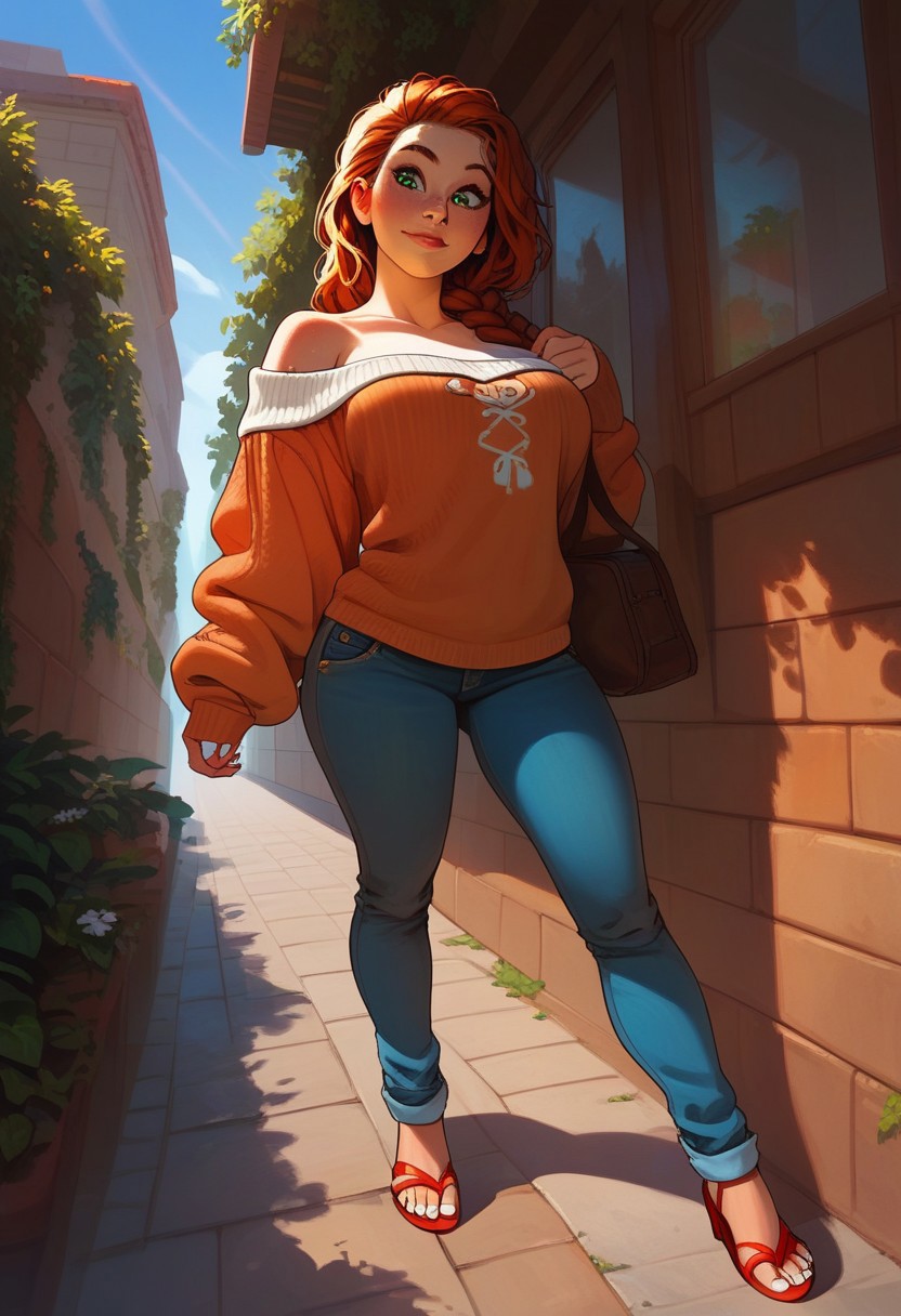 (score_9, score_8_up, score_7_up), vibrant colours, adorable face, big beautiful eyes, cute face, cute cheeks, bright colored eyes, sweaty skin, human girl, (chubby:0.3),
curvy, 
 bright green eyes, lidded eyes,
one big Braid, Long Hair, auburn hair, Long legs, bubble Butt, large Natural breasts, horny, White Long fingernails, milf, Sadie, white knitted jumper, loose jumper, bare Shoulders, Long sleeves, open blue denim jeans, red high heels sandals, leather shoulderbag,
Sidewalk, sunny day, closeup, 
Entering large brick building, large open glass doors,
dynamic angle, sexy, view from below,
