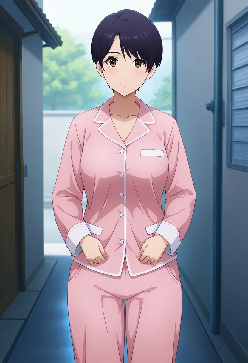 masterpiece, best quality, amazing quality, 1girl, solo, honokaww, mature female, brown eyes, black hair, short hair, asymmetrical bangs, medium breasts, pajamas, pink pajamas, breasts, button-up, (loose pants), long sleeves, striped pattern, shiny clothes, glossy fabric, satin fabric, <lora:Suzunagi_Honoka_Bravern_ill_v11:0.9>, standing, both hands on waistband, pulling down pants, looking at viewer, outdoors, skindentation, detailed clothing folds, depth of field, sharp, high contrast, dynamic light