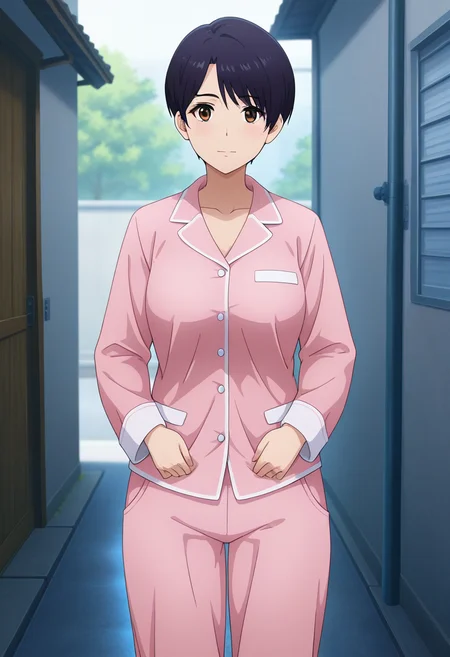 masterpiece, best quality, amazing quality, 1girl, solo, honokaww, mature female, brown eyes, black hair, short hair, asymmetrical bangs, medium breasts, pajamas, pink pajamas, breasts, button-up, (loose pants), long sleeves, striped pattern, shiny clothes, glossy fabric, satin fabric, <lora:Suzunagi_Honoka_Bravern_ill_v11:0.9>, standing, both hands on waistband, pulling down pants, looking at viewer, outdoors, skindentation, detailed clothing folds, depth of field, sharp, high contrast, dynamic light