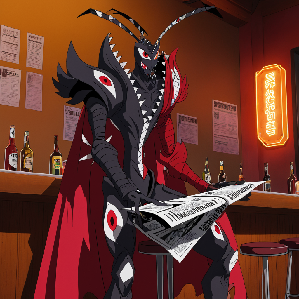 sfw, masterpiece, best quality,absurderes,anime screenshot,anime coloring,anime, 1boy,solo,abbadomon core,cape,antenna,extra eyes,extra mouths,two-tone clothing,two-tone skin,holding newspaper,sitting,bar stool,upper body,indoors,bar,neon lights,  <lora:AbbadomonCoreXL:1>