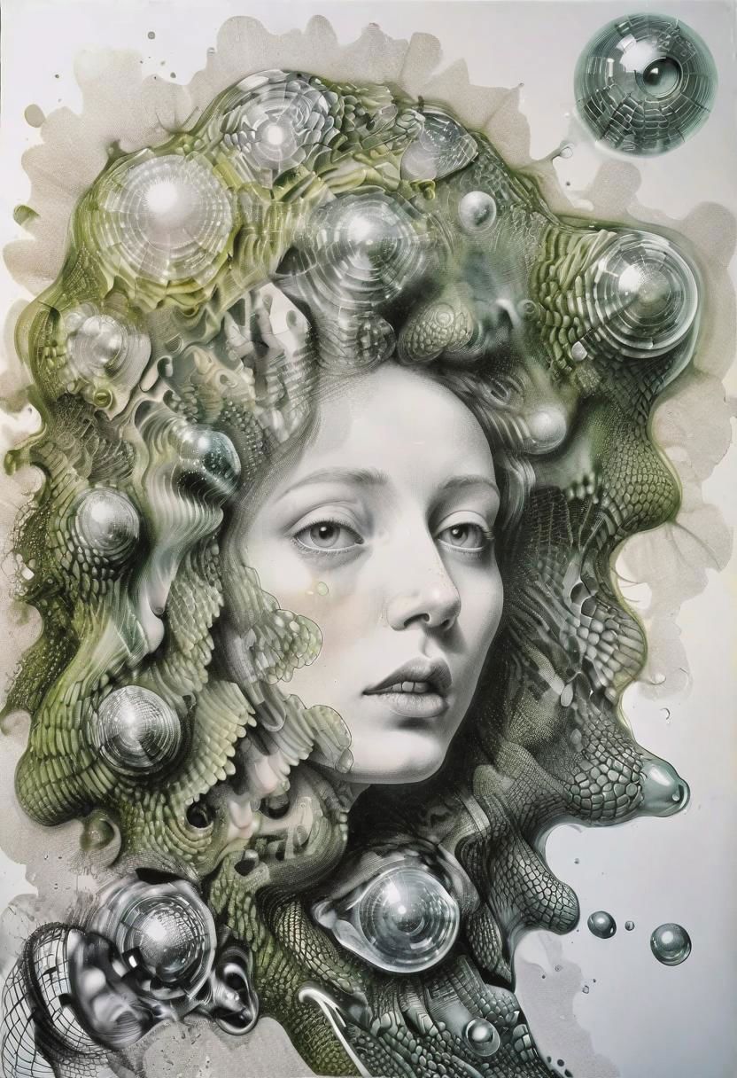 raw sketch of interwoven concrete cement pebbles cob cobblestone shell fishscales snakeskin, melting flesh covered in moss rot mold bubbles droplets, by Hans Bellmer, by Malevitch, by Kandinsky, Surreal psychedelic bizarre, psychedelic hallucination, pop surrealism, rough crosshatch drawing pop art Lunatic_Portrait of a young woman in latex Avant-garde Fashion page, slick back, low bun, black makeup, sinister expression, intense glare, avant-garde, abstract, weird, geometric, constructivism, suprematism, rayonism, verticism, lineism, tj