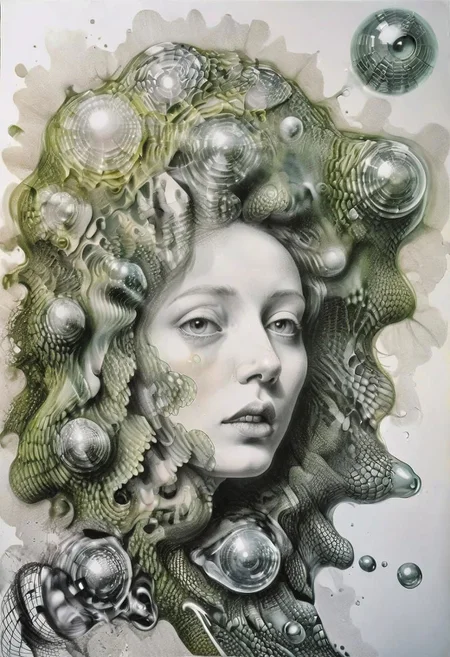 raw sketch of interwoven concrete cement pebbles cob cobblestone shell fishscales snakeskin, melting flesh covered in moss rot mold bubbles droplets, by Hans Bellmer, by Malevitch, by Kandinsky, Surreal psychedelic bizarre, psychedelic hallucination, pop surrealism, rough crosshatch drawing pop art Lunatic_Portrait of a young woman in latex Avant-garde Fashion page, slick back, low bun, black makeup, sinister expression, intense glare, avant-garde, abstract, weird, geometric, constructivism, suprematism, rayonism, verticism, lineism, tj