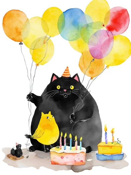 <lora:SDXL_Happy_Birthday_Sa_May-v7:1> Happy Birthday! a big black fat cat and a little yellow bird congratulate him on his birthday, candles, tory, balloons, happiness, love, cake, watercolor