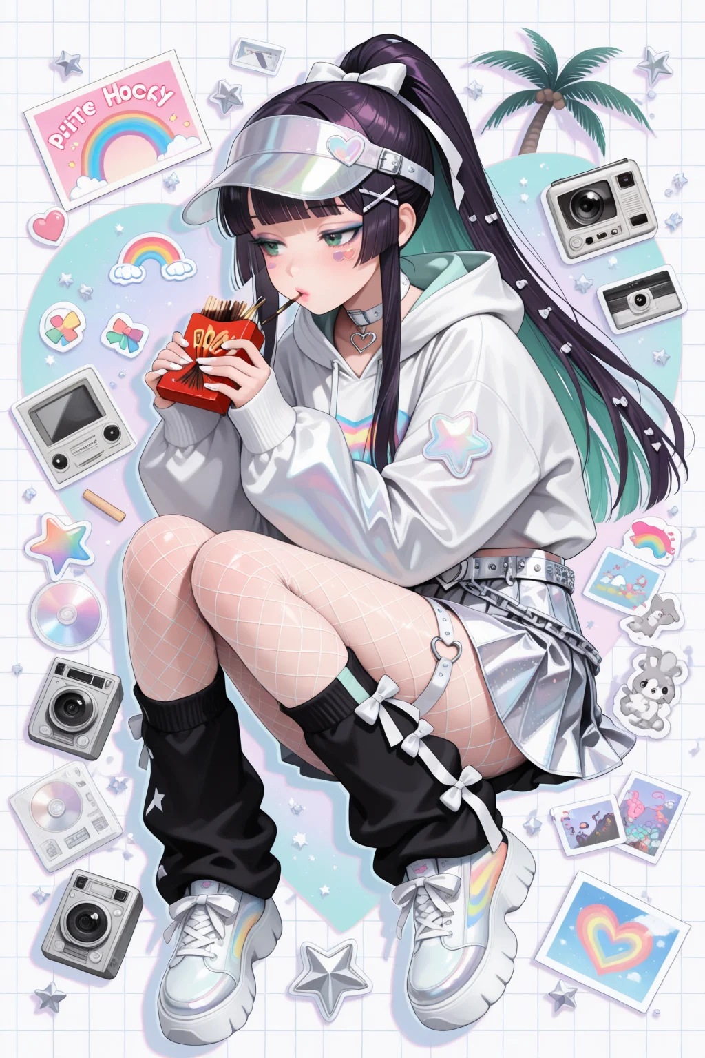 embedding:lazypos, 1990's (style), 1girl, long hair, flat hair, straight hair, blunt bangs, hime bangs, long sidelocks, high ponytail, dark purple shiny hair, (small stars in hair), narrowed eyes, bright green eyes, blush, full face blushing, makeup, eye makeup, silver holographic glittery eyeshadow, eyeliner, mascara, colored eyelashes, detailed lips, (shiny glossy lips), light red lipgloss, white nail polish, calm, pursed lips, holding, holding food, pocky box, holding pocky box, (harajuku fashion), white holographic pastel rainbow logo print latex hoodie, white long sleeves, (pastel rainbow sports stripes on white long sleeves), silver shiny belt, silver shiny chains, chain belt, white sequined heart-shaped belt buckle, silver holographic pleated miniskirt, bows, small bows, black bows, white bows, multiple bows, hair ribbon, hair ornaments, black glossy visor cap, white star-shaped hair ornament, x shaped hair ornament, hairclips, cute pastel hairclips, white choker, o-ring pendant, white iridescent thigh strap, heart o-ring, fishnets, white fishnets, white fishnet pantyhose, black baggy leg warmers, pastel mint green rainbow holographic platform sneakers, (detailed background, detailed scenery : 1.1), sticker diary page, white paper grid background, (cassette tape, CDs, CD players, radio, polaroid camera, photograph collage, stickers, too many stickers, decals, palm tree-shaped stickers, hearts, stars, rainbows, cute doodles, text, white ribboned frame) <lora:TrendCraft_The_Peoples_Style_Detailer-v1.0A-3_13_2025-illustrious:0.2>