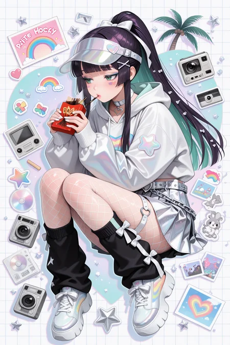 embedding:lazypos, 1990's (style), 1girl, long hair, flat hair, straight hair, blunt bangs, hime bangs, long sidelocks, high ponytail, dark purple shiny hair, (small stars in hair), narrowed eyes, bright green eyes, blush, full face blushing, makeup, eye makeup, silver holographic glittery eyeshadow, eyeliner, mascara, colored eyelashes, detailed lips, (shiny glossy lips), light red lipgloss, white nail polish, calm, pursed lips, holding, holding food, pocky box, holding pocky box, (harajuku fashion), white holographic pastel rainbow logo print latex hoodie, white long sleeves, (pastel rainbow sports stripes on white long sleeves), silver shiny belt, silver shiny chains, chain belt, white sequined heart-shaped belt buckle, silver holographic pleated miniskirt, bows, small bows, black bows, white bows, multiple bows, hair ribbon, hair ornaments, black glossy visor cap, white star-shaped hair ornament, x shaped hair ornament, hairclips, cute pastel hairclips, white choker, o-ring pendant, white iridescent thigh strap, heart o-ring, fishnets, white fishnets, white fishnet pantyhose, black baggy leg warmers, pastel mint green rainbow holographic platform sneakers, (detailed background, detailed scenery : 1.1), sticker diary page, white paper grid background, (cassette tape, CDs, CD players, radio, polaroid camera, photograph collage, stickers, too many stickers, decals, palm tree-shaped stickers, hearts, stars, rainbows, cute doodles, text, white ribboned frame) <lora:TrendCraft_The_Peoples_Style_Detailer-v1.0A-3_13_2025-illustrious:0.2>