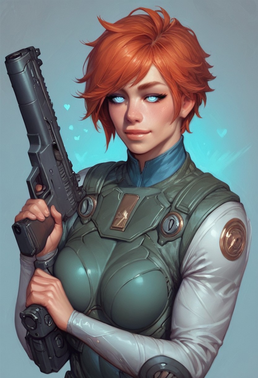 ((1girl, cute face, dynamic pose,
Glowing aura surrounding a futuristic character like the Nomad, clad in a futuristic detailed brown suit handmade, (((futuristic army vest armor))) patches on suit, redhead, long bangs, holographic blue light streaks, medium breasts, (big shining white eyes without pupils:1.5), dynamic pose)), coy smile
BREAK 
((((full closed)))), (((big futuristic gun in hands, sci-fi gun in hands)))
score_9, score_8_up, score_7_up, score_6_up, source_cartoon, rating_explicit, Expressiveh, (((((upper body))))), dynamic pose, (in wastelands, sandstorm:1.3)