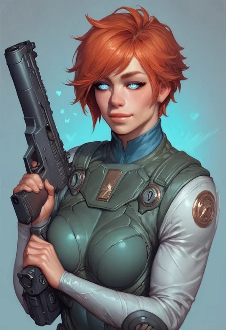 ((1girl, cute face, dynamic pose,
Glowing aura surrounding a futuristic character like the Nomad, clad in a futuristic detailed brown suit handmade, (((futuristic army vest armor))) patches on suit, redhead, long bangs, holographic blue light streaks, medium breasts, (big shining white eyes without pupils:1.5), dynamic pose)), coy smile
BREAK
((((full closed)))), (((big futuristic gun in hands, sci-fi gun in hands)))
score_9, score_8_up, score_7_up, score_6_up, source_cartoon, rating_explicit, Expressiveh, (((((upper body))))), dynamic pose, (in wastelands, sandstorm:1.3)