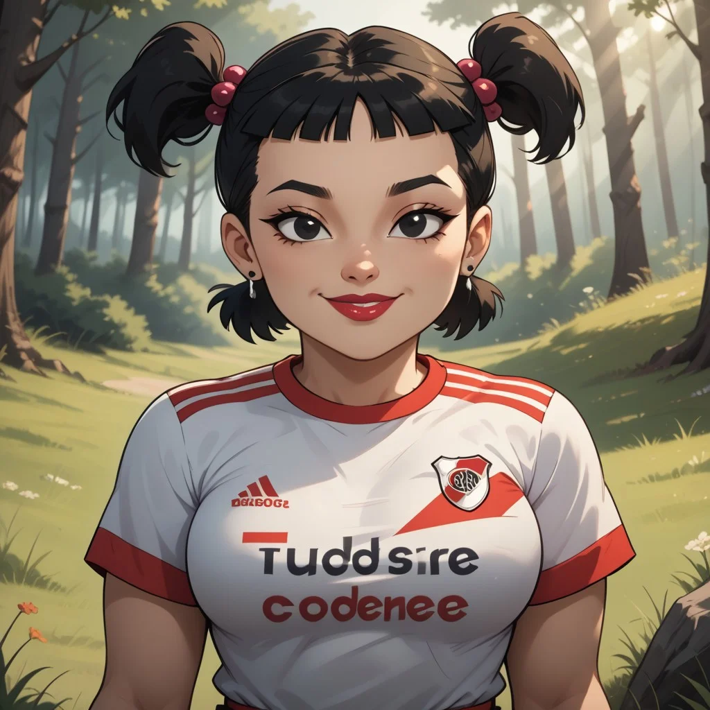 score_9, score_8, BREAK, solo, black hair, plump, lipstick, makeup, hair bobbles, earrings, hair ornament, twintails, black eyes, RiverPlate, striped shirt, striped, shirt, white shirt, short sleeves, clothes writing, sportswear, soccer uniform,, short twintails, jewelry, striped shirt, big breasts, total drama, Sadie_(Total_Drama), cute, sexy pose, self portrait, smile, outdoors, sunlight, shadows, evening lighting, natural lighting, forest, trees, grass, orange sky, sunset