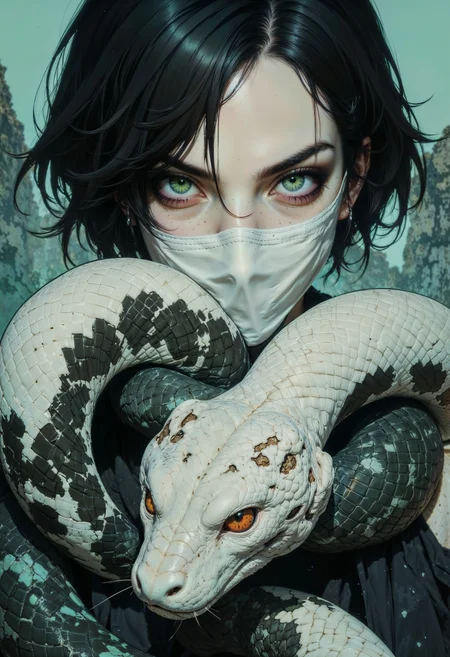 a highly detailed and stylized digital artwork featuring a close-up of a character with striking features. The character has pale skin and intense, bright green eyes with a focused gaze. Their face is partially obscured by a white cloth mask, adding an air of mystery. Dark hair frames the face, enhancing the dramatic effect. A large, intricately detailed snake with a white and black scale pattern and vivid red eyes coils around the character's neck, adding a sense of danger and intrigue. The background is a soft, blurred teal, which contrasts with the sharp details of the character and the snake, creating a dynamic and captivating composition.