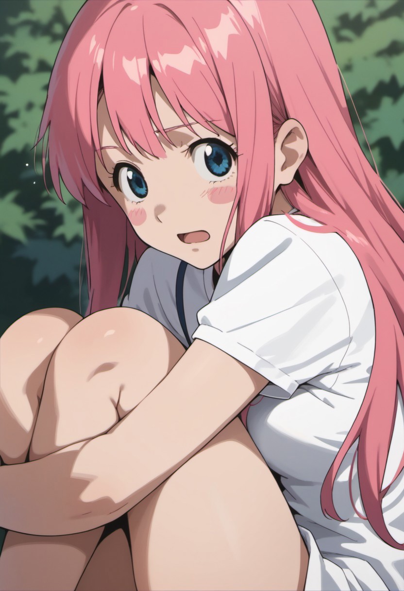 score_9, score_8_up, score_7_up, source_anime, nono, 1girl, solo, pink hair, long hair, blush stickers, blue eyes, hair down, open mouth, anime coloring, hugging own legs