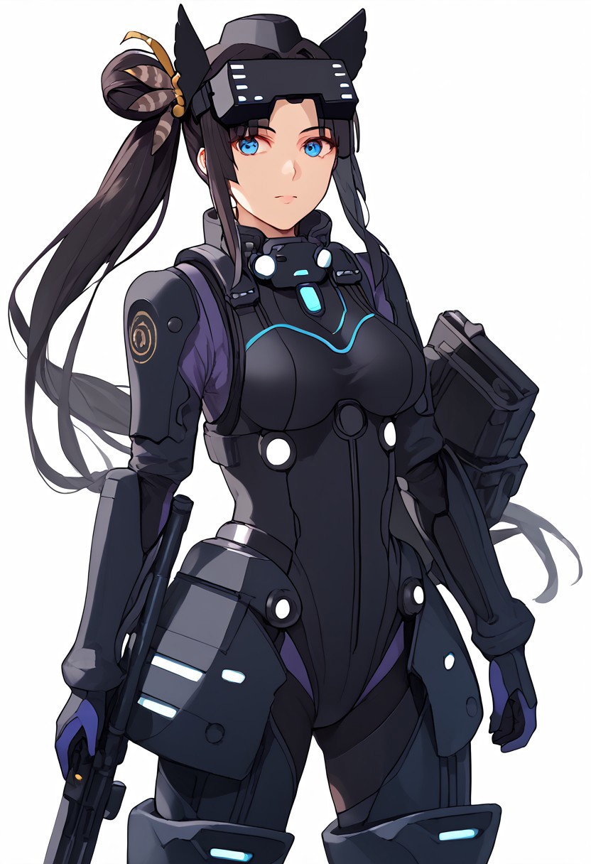 1girl, black hair, very long hair, blue eyes, hair bun, side ponytail, circlet, hair ornament, head wings, feathers, leotard, mecha, high collar, power suit, mechanical gloves, Mechanical Boots, Head-Mounted Display, simple background, white background, <lora:Mashu:1> contraposto, cowboy shot  <lora:Ushiwaka:1>, score_9, score_8_up, score_7_up, score_6_up, score_5_up, score_4_up, BREAK source_anime, masterpiece, upper body, zoom out, looking at viewer, black inner clothes, mature, black inner pants,