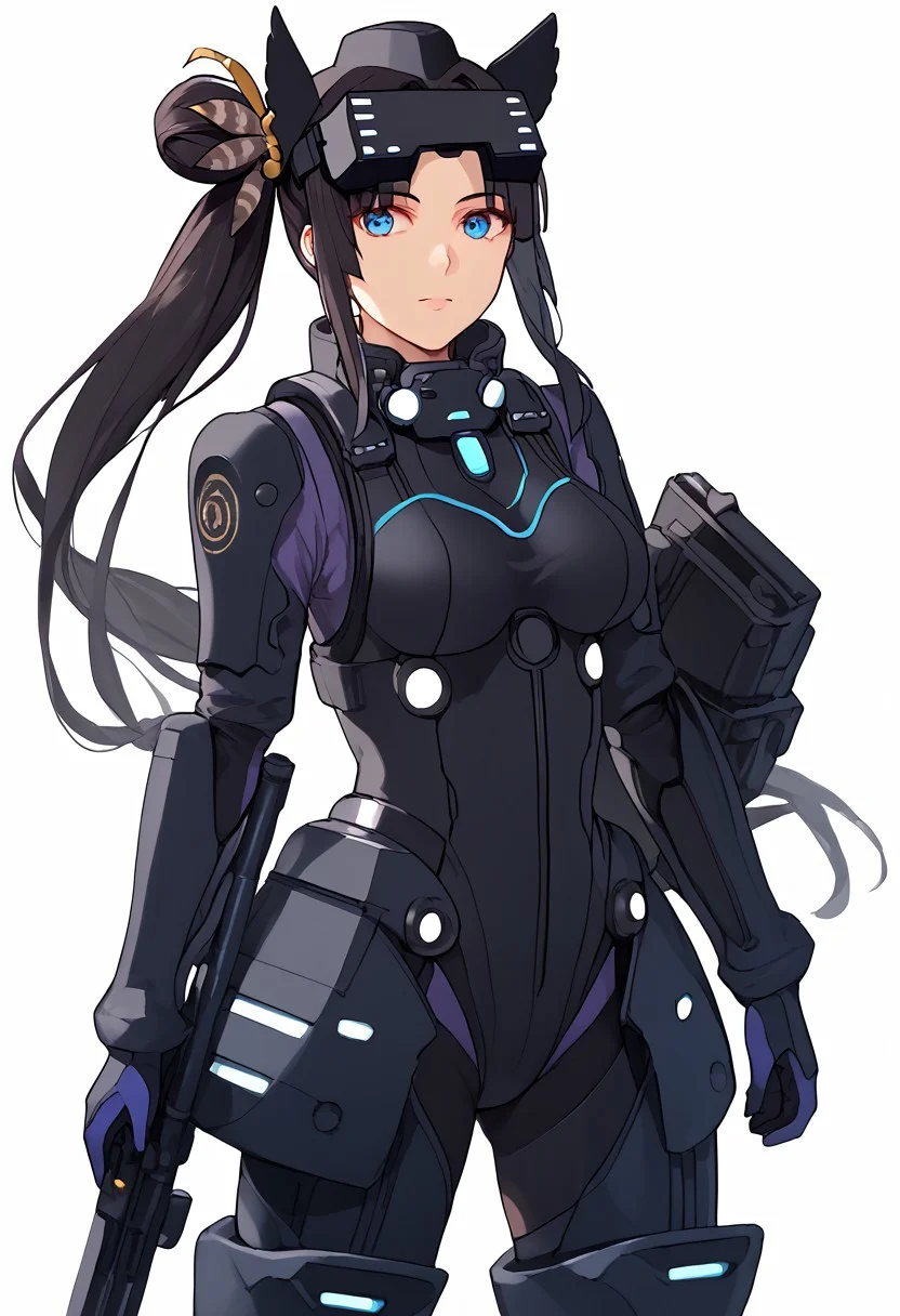 1girl, black hair, very long hair, blue eyes, hair bun, side ponytail, circlet, hair ornament, head wings, feathers, leotard, mecha, high collar, power suit, mechanical gloves, Mechanical Boots, Head-Mounted Display, simple background, white background, <lora:Mashu:1> contraposto, cowboy shot <lora:Ushiwaka:1>, score_9, score_8_up, score_7_up, score_6_up, score_5_up, score_4_up, BREAK source_anime, masterpiece, upper body, zoom out, looking at viewer, black inner clothes, mature, black inner pants,