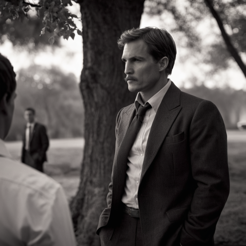 cinematic film still of cinematic film still of  <lora:add-detail-xl:1>0
<lora:detailed:0.3>
<lora:perfection style:0.3>
<lora:xl_more_art-full_v1:0.3>
 <lora:true detective style:1>
two men in suits stand next to a tree,short hair,shirt,jacket,monochrome,male focus,multiple boys,necktie,collared shirt,belt,2boys,tree,hand on hip,facial hair,formal,suit,watch,cigarette,smoking,wristwatch , sharp, detailed, epic photography, artistic, dramatic light, cinematic style, film style, 
true detective style, shallow depth of field, vignette, highly detailed, high budget, bokeh, cinemascope, moody, epic, gorgeous, film grain, grainy