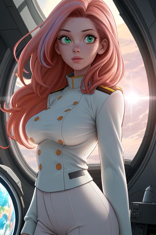 (8k uhd, masterpiece, best quality, high quality, absurdres, ultra-detailed, detailed background), space ship observation deck, large window, in space, earthlike planet in sunlight in background, single woman front center, gradient hair, red hair, light pink hair, green eyes, light freckles, turned towards viewer, looking to the side, floating in zero gravity, uniform trousers, no shirt, no jacket, naked boobs, big boobs, back light, rim light