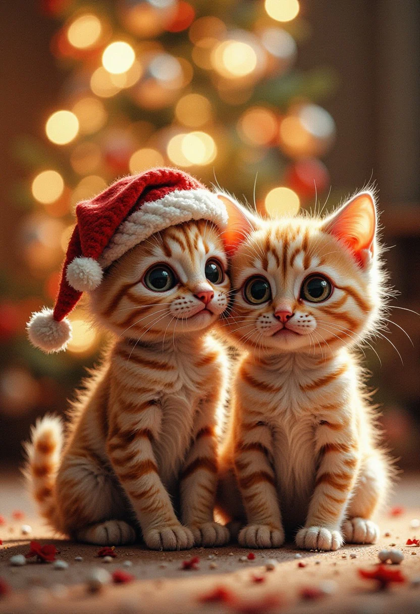 Cute (massive huge eyed), kittens, (wearing Christmas hat), 4k, high detail, high quality, realistic, full body, chibi, cinematic shot,