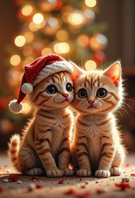 Cute (massive huge eyed), kittens, (wearing Christmas hat), 4k, high detail, high quality, realistic, full body, chibi, cinematic shot,
